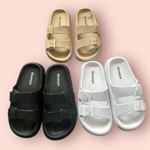 3-Pair Slide Sandal Bundle | White Black Tan | Size 5-6 | Adjustable Buckle